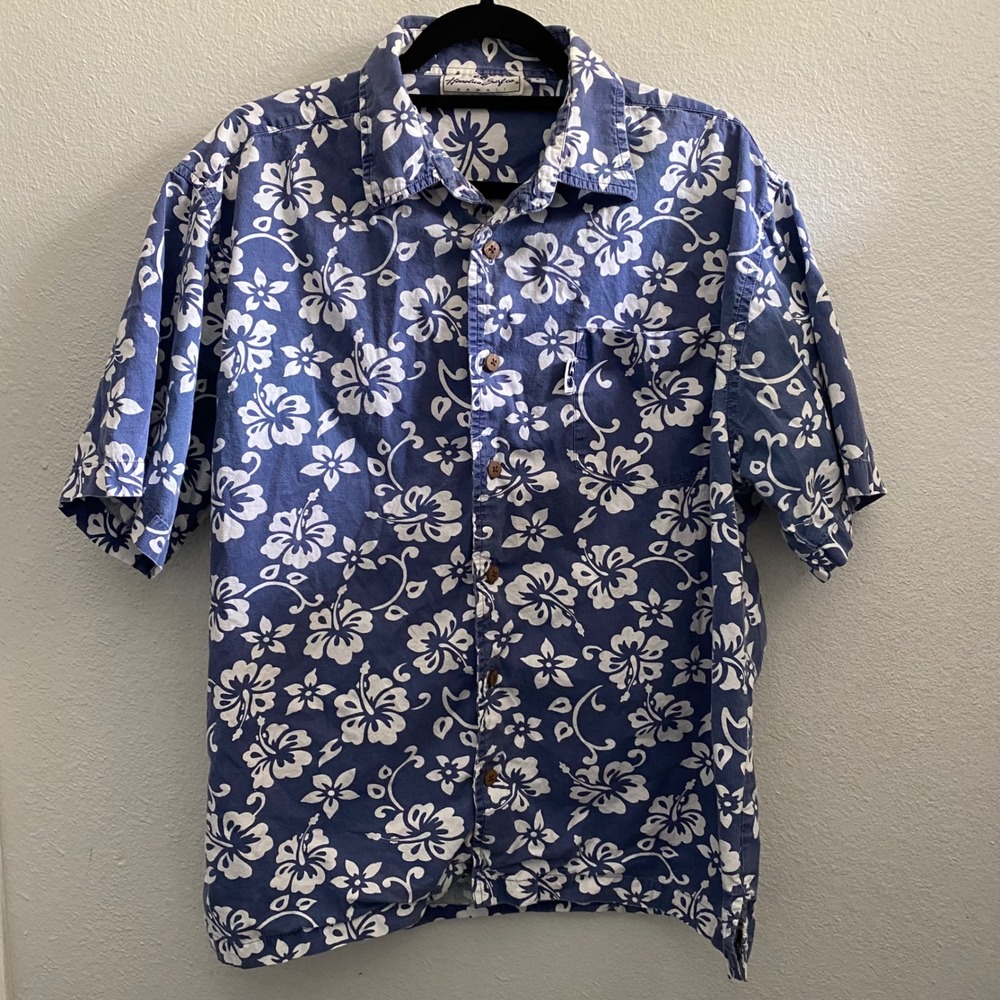 Honolua Surf Co Hawaii Mens Large Blue Hibiscus Floral Cotton Aloha Shirt L